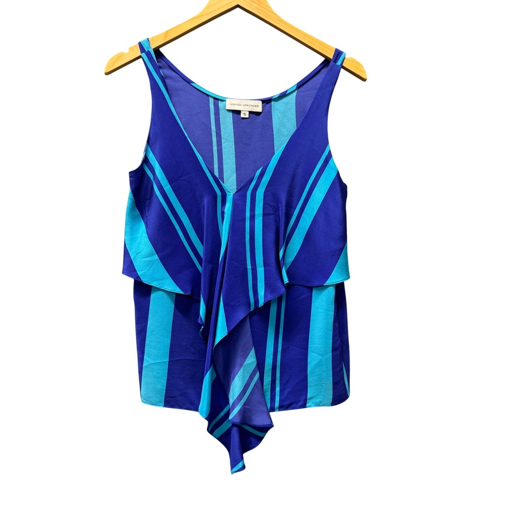Amanda Uprichard Silk Top Womens Small Striped Blue V-Neck Ruffle Sleeveless